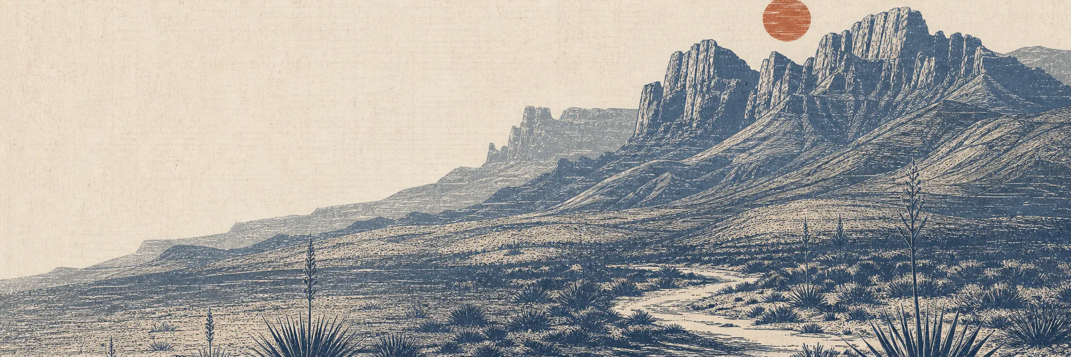 Woodblock-style print: Big Bend badlands, a winding trail through yucca and scrub, and a burnt-rust sun over the cliffs