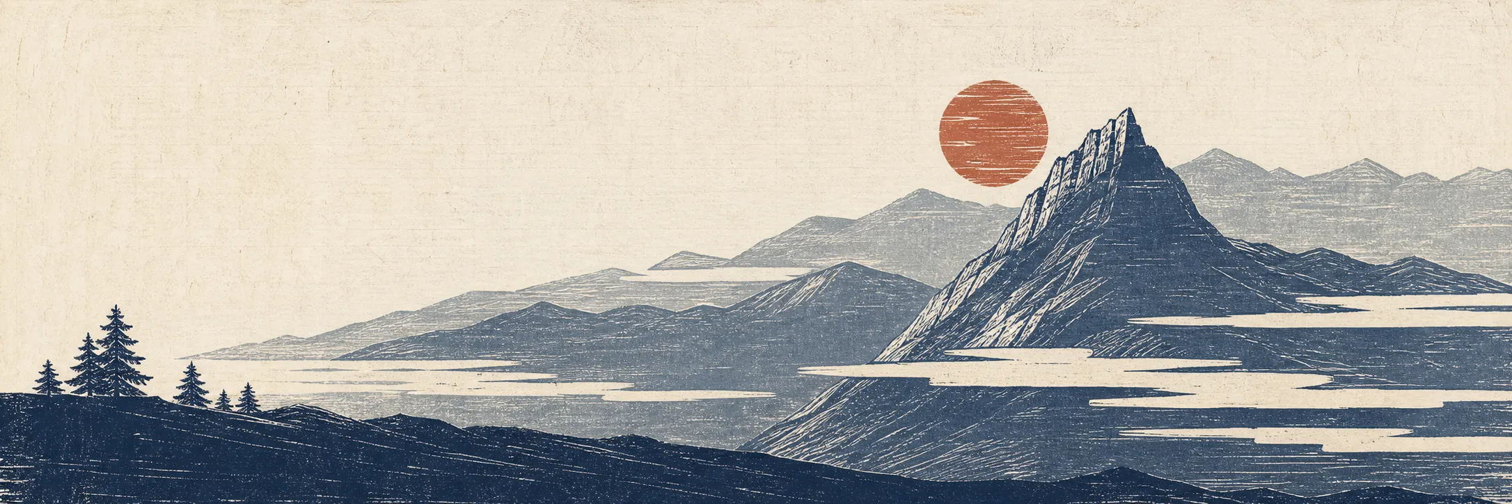 Hand-carved woodblock print: a mountain landscape with a burnt-rust sun